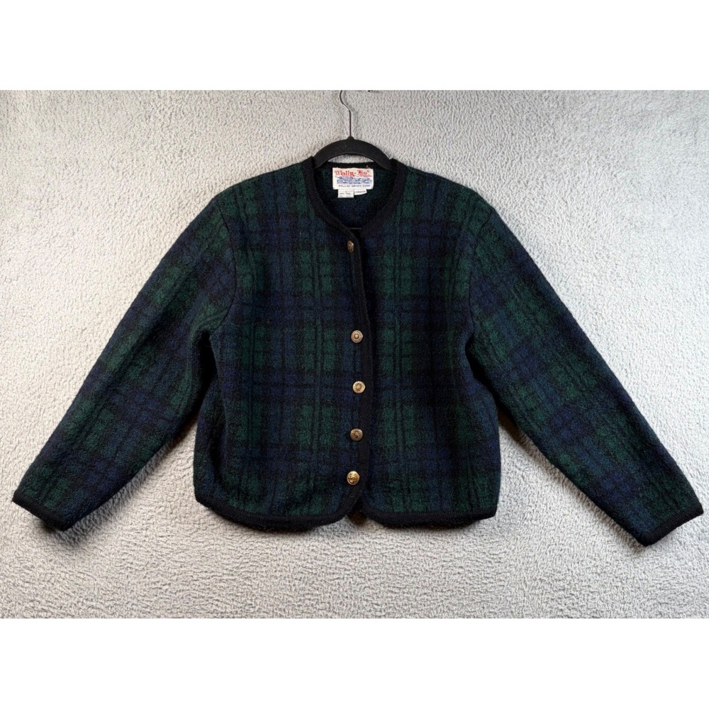 Tally-Ho Black Watch Plaid Wool Cardigan Green Blue Sweater L Preppy Equestrian